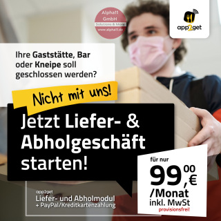 app2get Digitale Live Speisekarte mit PayPal und Liefer/Abholmodul Sonderaktion Provisionsfrei