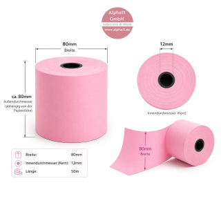 Ticket-Rollenpapier Rosa-Rot (Bonrolle) Thermo 80m 30 Stück